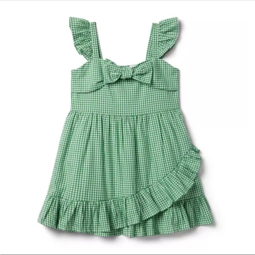 Janie and Jack Green & White Gingham Ruffle Poplin Bow Detail Girl’s Dress Sz 10